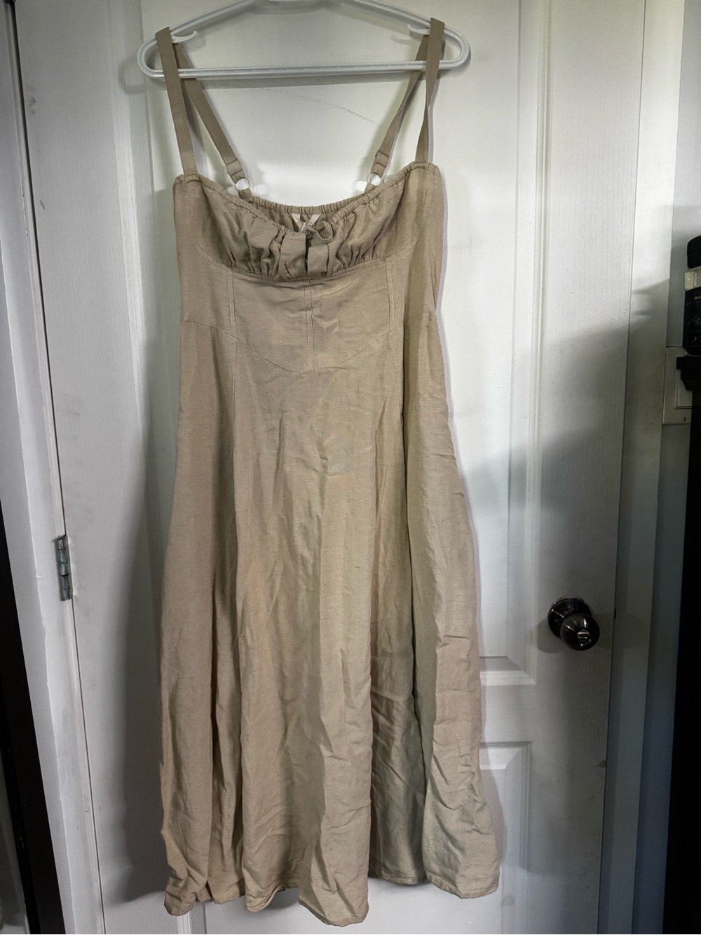 Light Beige Linen-Blend Midi Dress with Adjustable Straps